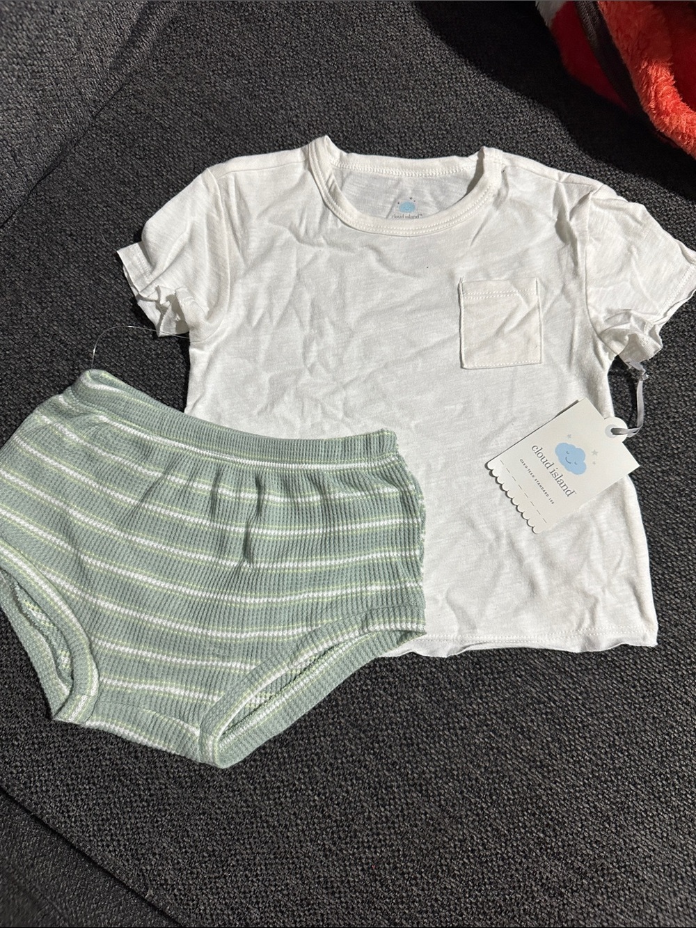 cloud island White Pocket Tee with Sage Striped Ribbed Briefs